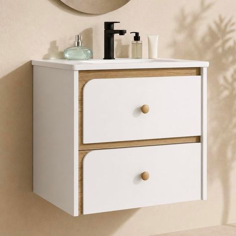 Tribesigns Waschtisch suspendu 2 tiroirs avec vasque en céramique, Meuble de salle de bain mural avec charnières à fermeture amortie, Meuble sous vasque moderne pour salle de bain, Camping-car – Blanc (1/5)