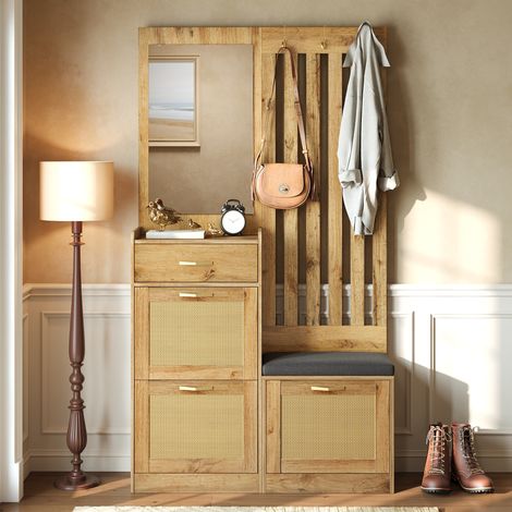 Ensemble de meubles d'entrée, porte-manteau, avec meuble à chaussures 3 portes, tiroir, miroir et banc, portes aspect rotin, style scandinave, pour couloir, naturel