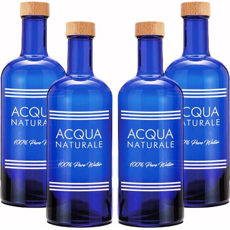 Lot de 4 bouteilles en verre bleu modèle ISIDE, 750 ml, sérigraphie 4 naturelle, bouchon à vis recouvert de bois bouteille en verre d'eau solaire (1/2)