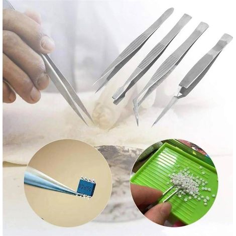 Kit di 4 Pinzette Precisione Multifunzione per Laboratori Industriali, Gioielli, Hobby, Artigianato
