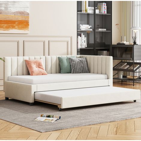 lit adulte couchage convertible 90x200 velours beige HAVRYA (1/5)
