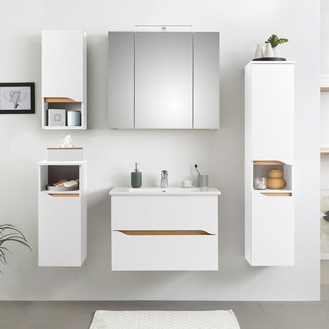 Badezimmer Komplett Set mit Keramik Waschbecken QUEIMADOS-66 in Weiß Glanz mit Weiß Hochglanz, B/H/T ca. 140/200/45 cm (1/5)