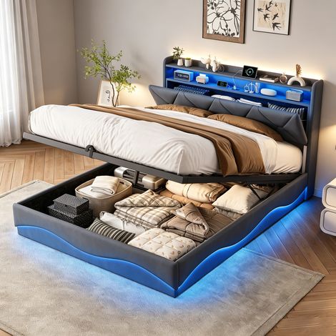Polsterbett 160 x 200 cm  mit LED und USB-Ladefunktion, Doppelbett mit  hydraulisch und Stauraum, modern Jugendbett mit Kopfteil, Bettgestell mit Lattenrost,Velour
Grau, Ohne Matratze