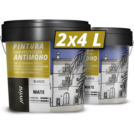 JOVIRA PINTURAS Pittura Antimuffa (8 Litri). Previene la muffa. Resistente alla comparsa di muffe sui muri. Aspetto opaco. (2x4 Litri, Bianco). E-3-2 (1/5)
