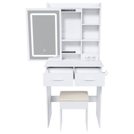 Toeletta bianca con specchio, illuminazione a LED regolabile e presa elettrica 1 sgabello imbottito, 60 x 136 x 36 cm, CJHXE