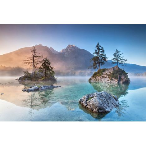Papier peint panoramique montagne & lac bleu | Tapisserie panoramique nature turquoise pour salle de bain | Papier peint panoramique salon - 267 x 400 cm (4 pièces) (1/2)
