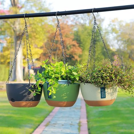 (Vert-L) Panier suspendu épais de style nordique, pot de fleurs suspendu avec absorption automatique d'eau, pour plantes d'intérieur et de balcon. (1/4)