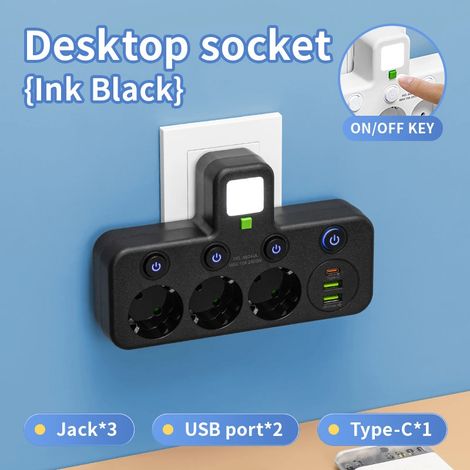 Multiprise noire 3 prises électriques avec 3 interrupteurs individuels 2 ports USB et 1 port USB C 10 A 2400 W bloc prise à brancher sur prise murale pour maison bureau et espace de travail (1/2)