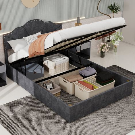 Cama almacenaje 160x200cm Cabecero acolchado somier de lamas tejido y metal cajón color gris (Sin colchón) (1/5)