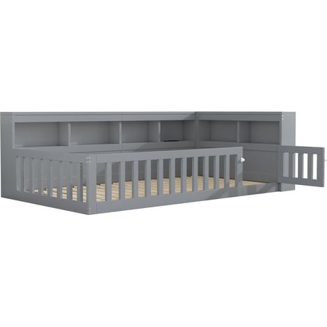 Cama diván 90 x 200 cm gris con almacenaje, somier de lamas y puertos USB (1/5)
