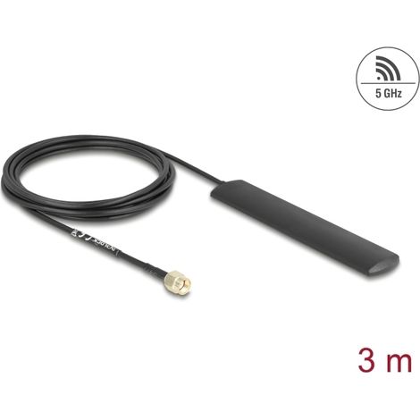 Delock WiFi 5,8 GHz Antena RP-SMA macho 3 dBi omnidireccional con cable de conexión RG-174 3 m negro autoadhesiva