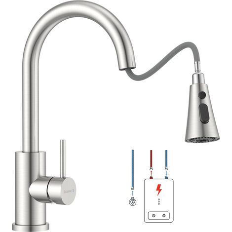 Robinet de cuisine basse pression, robinet extensible avec 3 types de jet, robinet de cuisine avec 3 ports, robinet d'évier basse pression en acier inoxydable, pivotant à 360°, mitigeur pour (1/5)