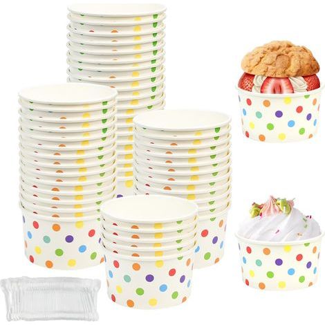 Lot de 50 coupes à glace, en papier, avec 50 cuillères, 240 ml, jetables, en carton, pour glace, dessert, amuse-bouches, yaourt (1/4)