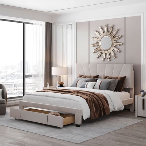 Letto matrimoniale capitonné 140x200 cm - con grandi cassetti, rete a doghe e testata del letto, tessuto velluto, stile scandinavo - Beige (1/5)