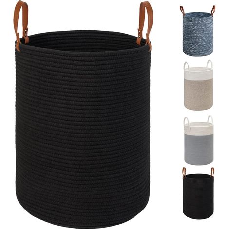 X-Large Laundry Storage Basket - 15.7 Inches(D) x 17.7 Inches(H) - Foldable Cotton Rope Woven Basket with Leather Handles for Storing Clothes, Diapers, Toys (Black) (1/4)