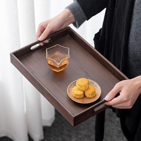 Plateau de service en bois, 37x26x5cm, plateau rectangulaire en bois avec poignées - Plateau de cuisine - Plateau de service - Plateau pour petit-déjeuner, thé, table basse