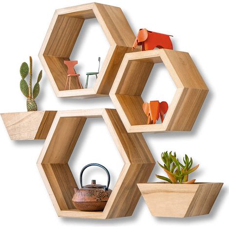 Schwebende sechseckige Wandregale aus Holz – Wabenmuster (1/5)