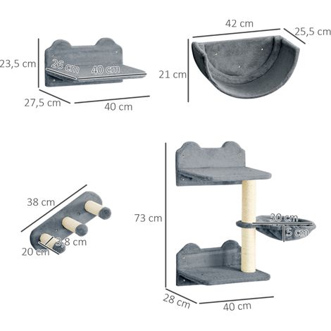 Ensemble de 4 modules pour chat : mur d’escalade, arbre mural avec échelle, hamac, plateforme de saut, mobilier fixe au mur (support jusqu’à 5 kg). (1/5)