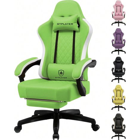 Chaise Gaming Ergonomique en Simili-Cuir, Coussin à Ressorts, Accoudoirs Fixes et Repose-Pieds, Capacité 150kg - Vert