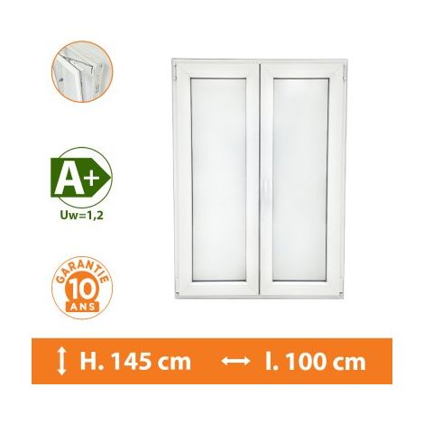 Direct Fenêtres – Fenêtre PVC 2 vantaux blanc – H.145 x l.100 cm – Double vitrage 4/16/4 – Isolation thermique A+ – Ouverture oscillo-battante (1/5)