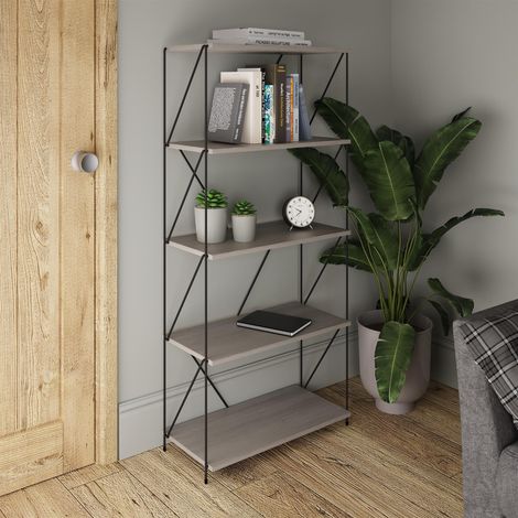Industrial Style Display Bookcase Wide 5 Tier Storage Unit Grey Wood Black (1/5)