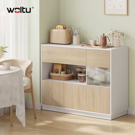 WOLTU Sideboard Kommode mit Schublade Küchenschrank mit Türen & Stauraum Aufbewahrungsschrank für Wohnzimmer Schlafzimmer Flur, 100 x 80 x 40 cm, Helle Eiche + Weiß