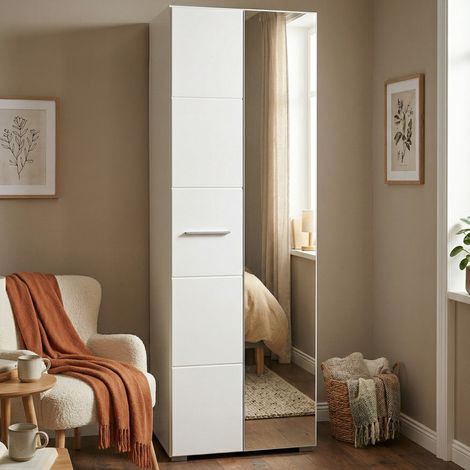 Guardaroba 2 Ante Griante, Armadio Camera da Letto Appendiabiti, 4 Ripiani, 5 Vani, 60x192.5h cm Bianco (1/5)
