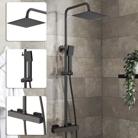 Acezanble Bathroom Thermostatic Mixer Shower Set Square Matte Black Twin Head Exposed Valve (1/4)