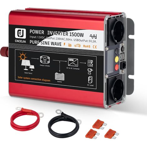 Onduleur sinusoïdal pur 1500 W, 12 V vers 230 V, avec 2 ports USB, 2 prises, écran LCD pour voiture, camping-car, camping (rouge) (1/5)