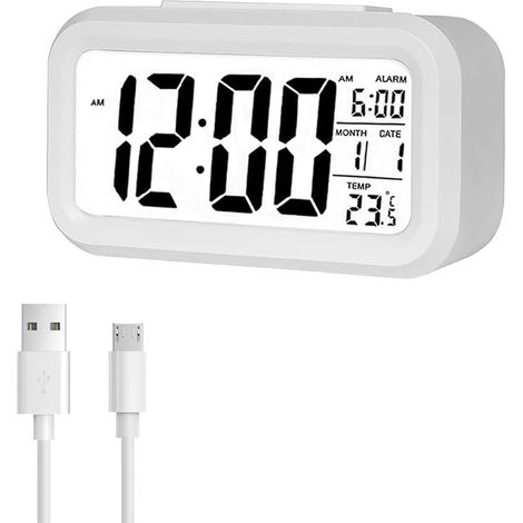 Réveil Numérique, Alarm Réveil LED avec Température, Fonction Snooze, 12/24H Conversión, du Calendrier, pour Chambre à Coucher, Bureau, Cuisine(Rechargeable, Blanc) (1/5)