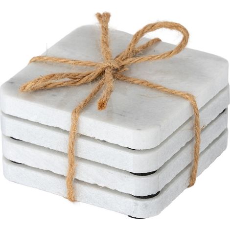 Square Marble Coasters (Set of 4) - Stone - L9 x W9 x H4 cm - White