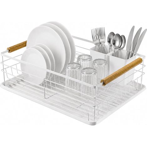 Escurridor de platos Graz II blanco - 42 x 31,5 x 15 cm - Acero con mango de madera - Blanco - Escurridor de platos con bandeja recogegotas y soporte para cubiertos - Capacidad: 10 platos y 6 vasos (1/5)