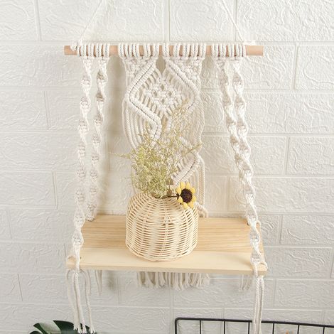 Étagère murale bohème en macramé, décoration murale en macramé, tapisserie à pompons tissés, étagère murale, porte-plantes fait main en corde de coton, tapisserie (1/5)
