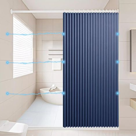 Rideau de Douche Magnétique Pliable et imperméable avec Crochets, Séparation Humide et sèche, Rideaux de Douche en Polyester Lin très résistants pour Salle de Bain, Bleu, 80x180cm (1/2)