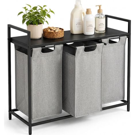 Relaxdays Cesto de ropa sucia con estante, 3 cestas extraíbles de 40 l, tela, negro/gris, 73 x 92,5 x 33 cm (1/5)