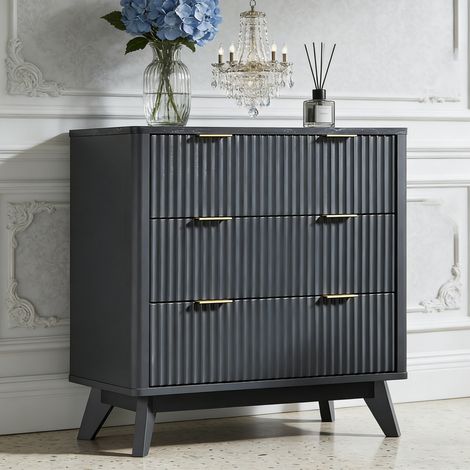 Commode chambre 3 Tiroirs Style Fluté 32" Haute, Commode bois avec Plateau Faux Marbre & Profil Courbé, Organisateur de Rangement pour Chambre, Salon & Couloir - Panneau de Particules Dark Grey (1/5)