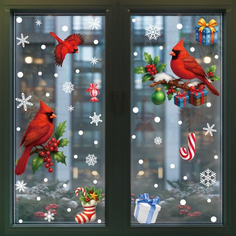 Décorations de Noël pour fenêtres, motifs d'oiseaux rouges mignons, décorations de portes et fenêtres vitrées pour chambre à coucher, autocollants statiques pour fenêtres - [Deux combinaisons] 642+643