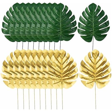 QAZQA Lot de 20 feuilles de palmier artificielles avec tiges - Feuilles tropicales dorées de la jungle avec tiges pour fête hawaïenne, plage, fête prénatale, anniversaire, mariage, décoration de fête 