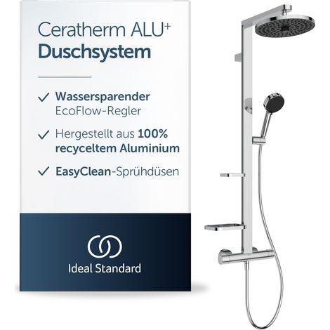 Ideal Standard Ceratherm Alu+ Duschsystem, Hergestellt aus 100% recyceltem Aluminium, Wassersparende Brause mit variablen Strahlarten und Verbrühschutz ✔ Chrom (356x501x1113 mm) (1/5)