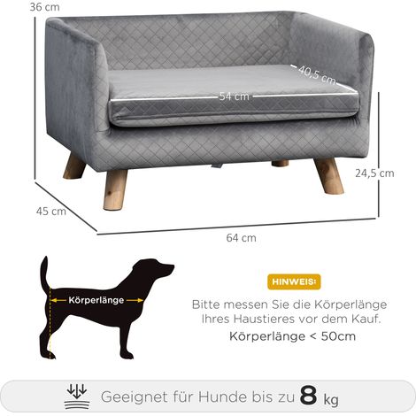 Canapé pour chien, lit pour chien, divan en velours avec dossier, pieds en bois, coussin, canapé pour chat avec rembourrage moelleux, pour petits chiens, 64 x 45 x 36 cm, gris foncé (1/5)