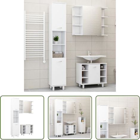The Living Store Ensemble de meubles de salle de bain 3pcs Blanc Bois ingénierie - Meuble De Salle De Bain - Ensemble Meuble Salle De Bain - Armoires Salle De Bain - Rangement Salle De Bain - Miroir S (1/5)