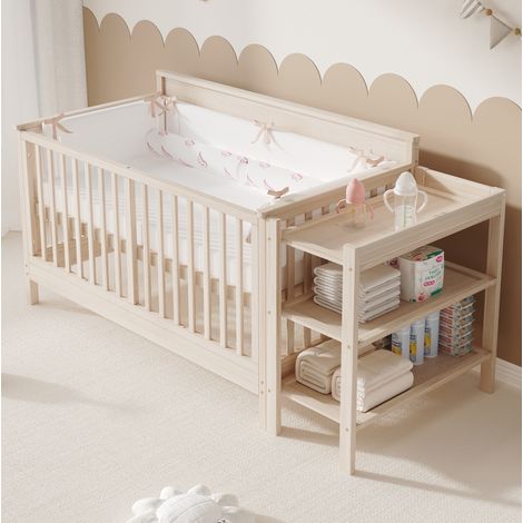Lit enfant 140x70 cm évolutif 3-en-1 avec table à langer amovible, en bois, naturel, sans matelas (1/5)