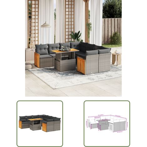 The Living Store Salon de jardin 9 pcs avec coussins gris résine tressée - Salon De Jardin - Mobilier Extérieur - Set Salon - Résine Tressée - Rotin Synthétique (1/3)