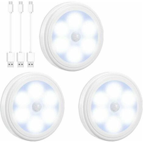 Lampe Détecteur de Mouvement à LED, Lampe de Placard Rechargeable par USB, 6 LED Lampe Escalier pour Penderie, Étagère, Entrée, Garage, Cuisine, Passage (Lot de 3, Blanc)