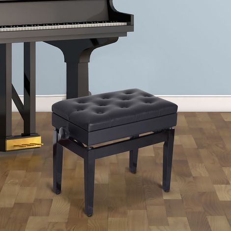 Tabouret de piano réglable en hauteur avec rangement, pieds en bois, revêtement en similicuir, idéal pour les salles de musique, supporte jusqu'à 200 kg, dimensions : 54,5 x 33 x 48-58 cm, noir. (1/5)