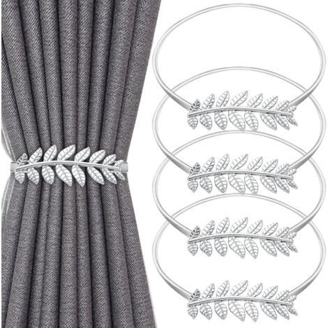 Set of 4 silver rhinestone leaf curtain tiebacks with adjustable spring cords for home, office and hotel decoration. (1/5)