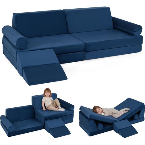 COSTWAY Divano Bambini Componibile Modulare Convertibile Sottovuoto Interno Cameretta Braccioli Schienale Gioco 10 Pezzi Letto Divanetto Scivolo Materasso Pol (1/5)
