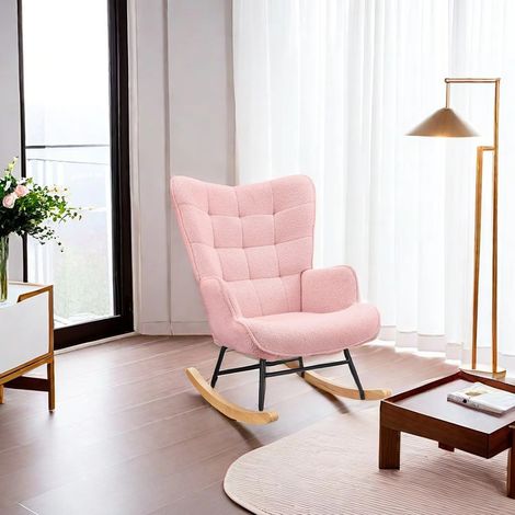 Chaise à bascule confortable style nordique – fauteuil rembourré avec dossier haut – usage intérieur et extérieur,Rose