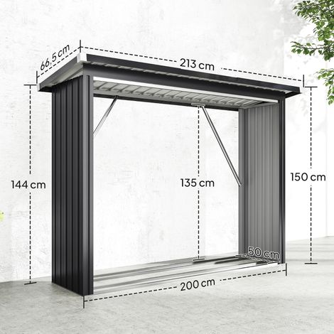 Abri à bois en acier, support de bûches surélevé, toit incliné, 213 x 66,5 x 150 cm, gris foncé. (1/5)