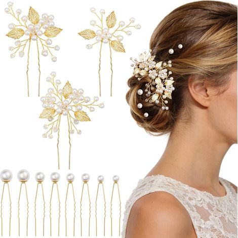 11 x Wedding Hair Pins, Pearl Bridal Hair Accessories, Bridal Hair Clip, Hair Jewellery for Women, Bride, Bridesmaid, Girls (Gold) (1/5)